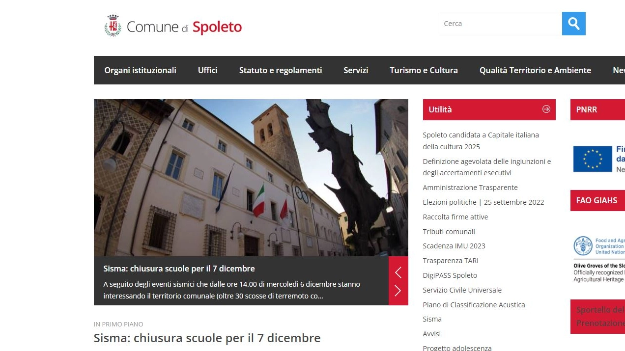 Terremoto, l'avviso della chiusura delle scuole sul sito del comune di Spoleto