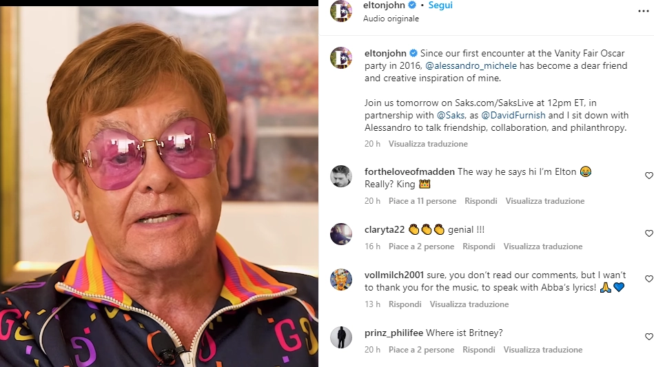 Elton John annuncia su Instagram l'incontro online con Alessandro Michele