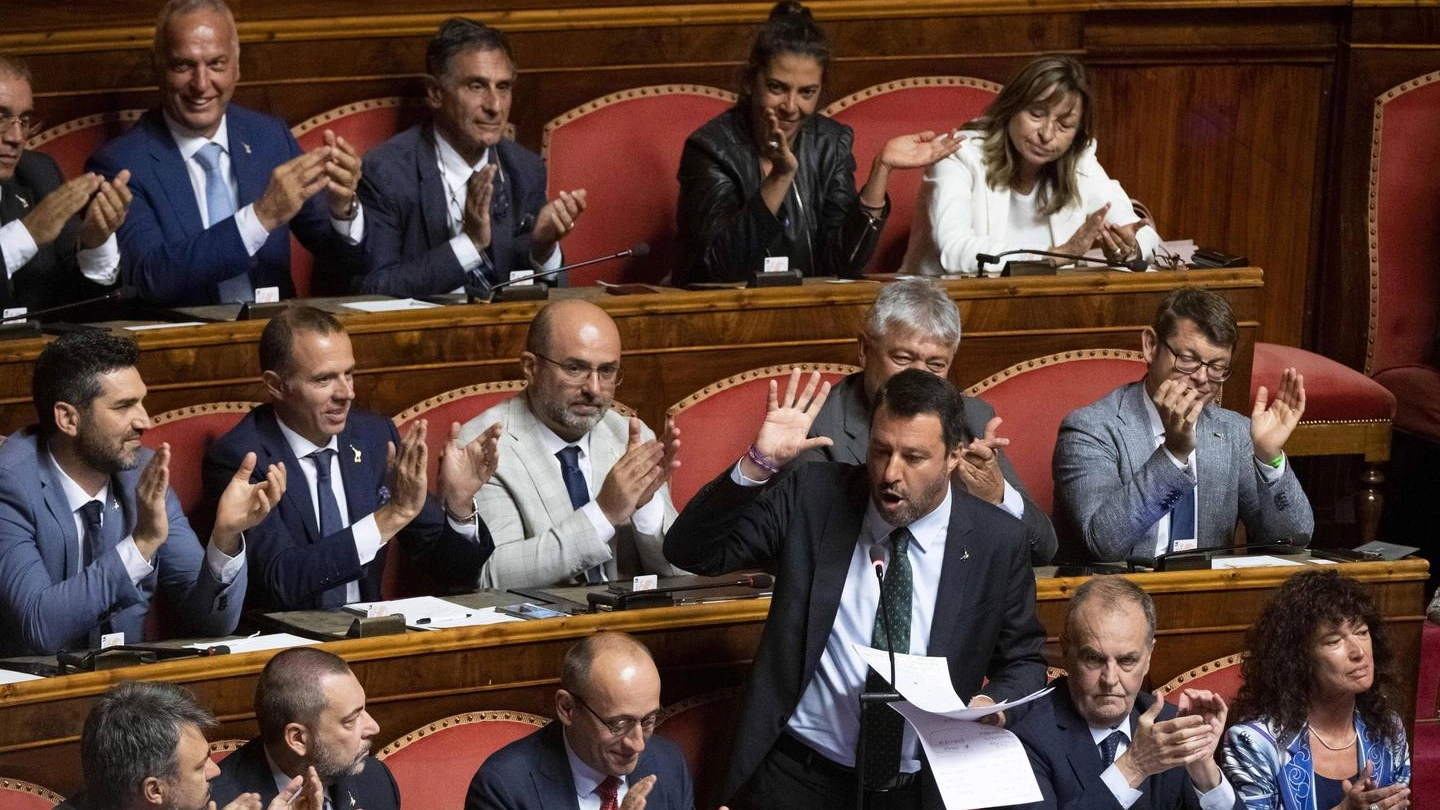 Matteo Salvini parla in Senato (Ansa)