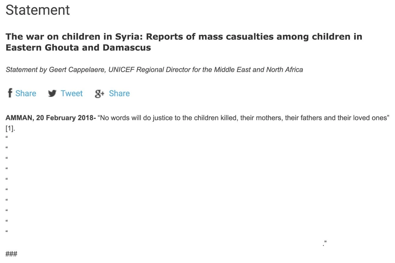 Il comunicato 'in bianco' dell'Unicef sulla situazione nel Ghouta