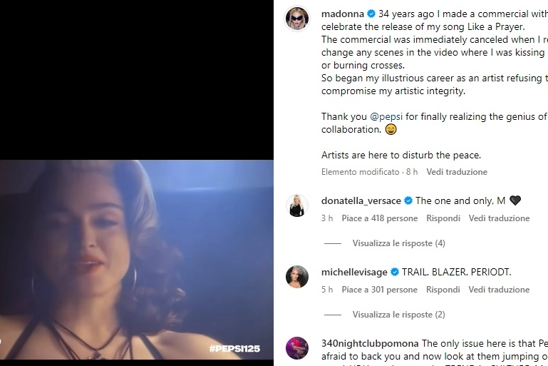 Il post di Madonna sullo spot Pepsi