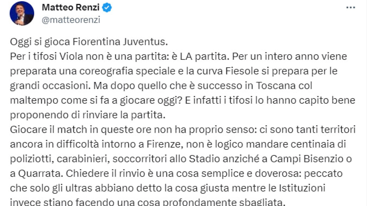 Maltempo: Renzi, Fiorentina-Juve in queste ore non ha senso