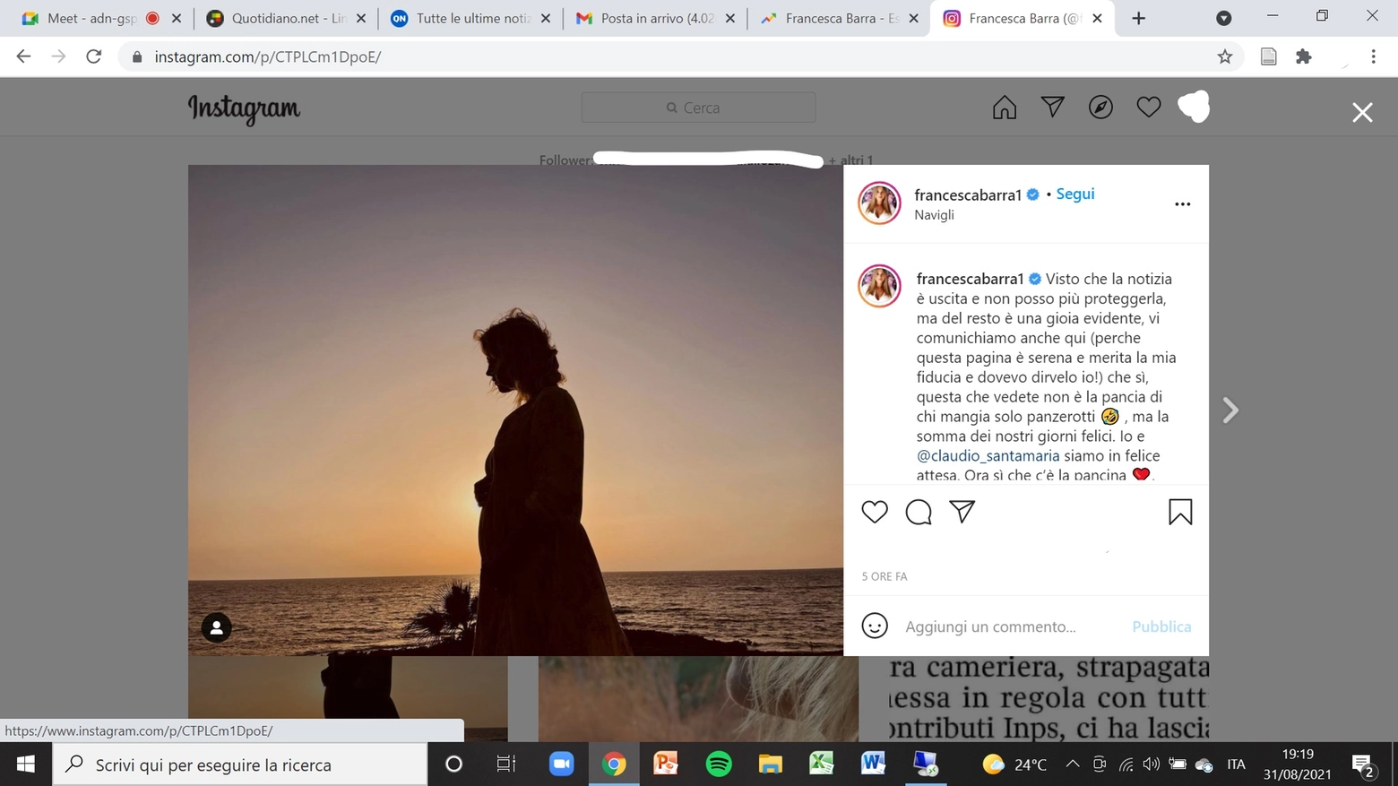 Il post con cui Francesca ha annunciato la dolce attesa (Instagram)