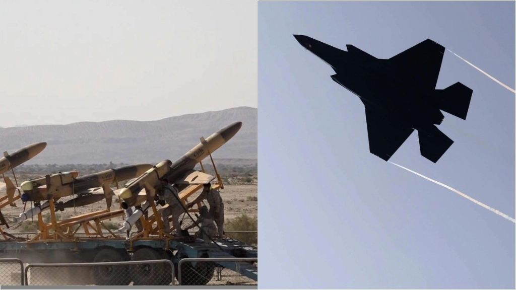 I droni iraniani e un F35 (Ansa)