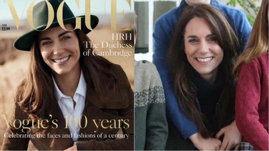 Kate sulla copertina di Vogue, nel 2016. A destra la principessa nella foto diffusa per la festa della mamma nel Regno Unito