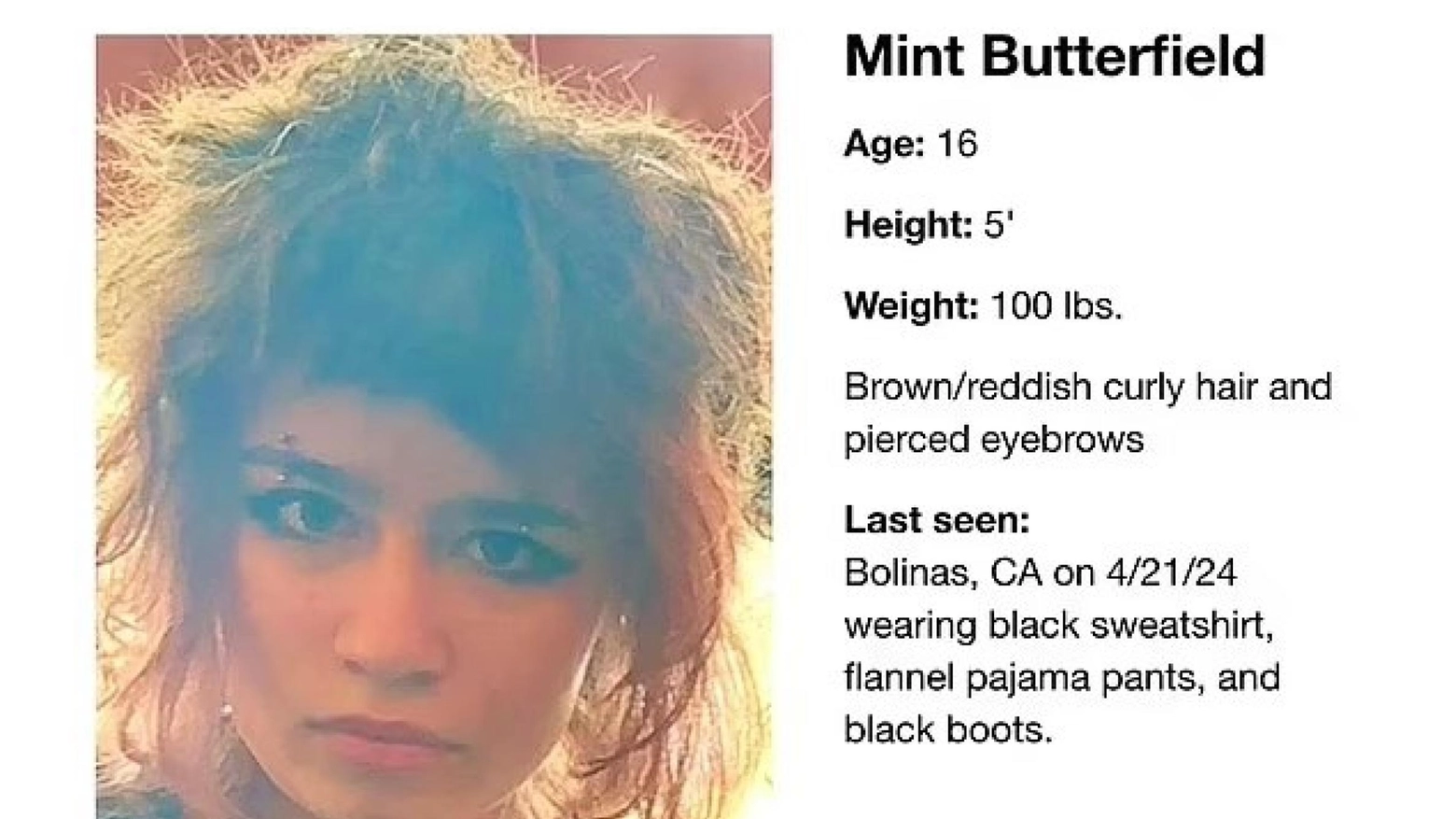 La 16enne Mint Butterfield è stata avvistata a Bolinas, in California. Le autorità temono che si trovi in un quartiere malfamato di San Francisco