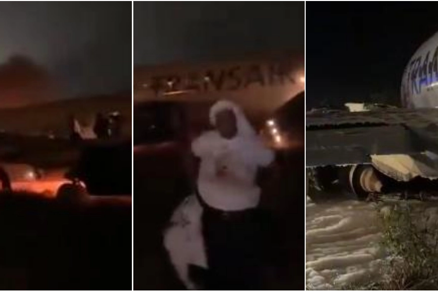 La fuga dei passeggeri del boeing 737 in fiamme; l'aereo dopo l'incidente a Dakar (X)