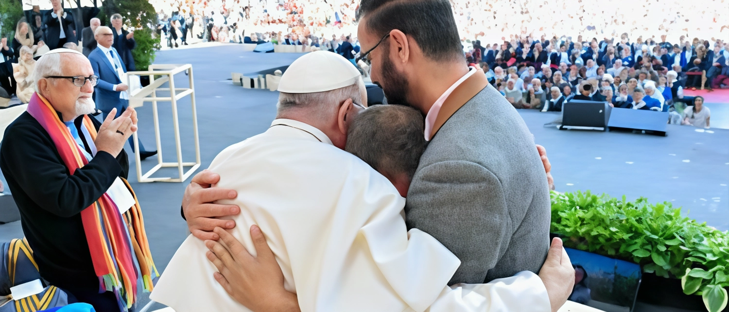 Due imprenditori israeliano e palestinese, vittime della guerra, si abbracciano davanti a Papa Francesco all'Arena di Verona, simbolo di pace e dialogo contro la violenza e l'individualismo.