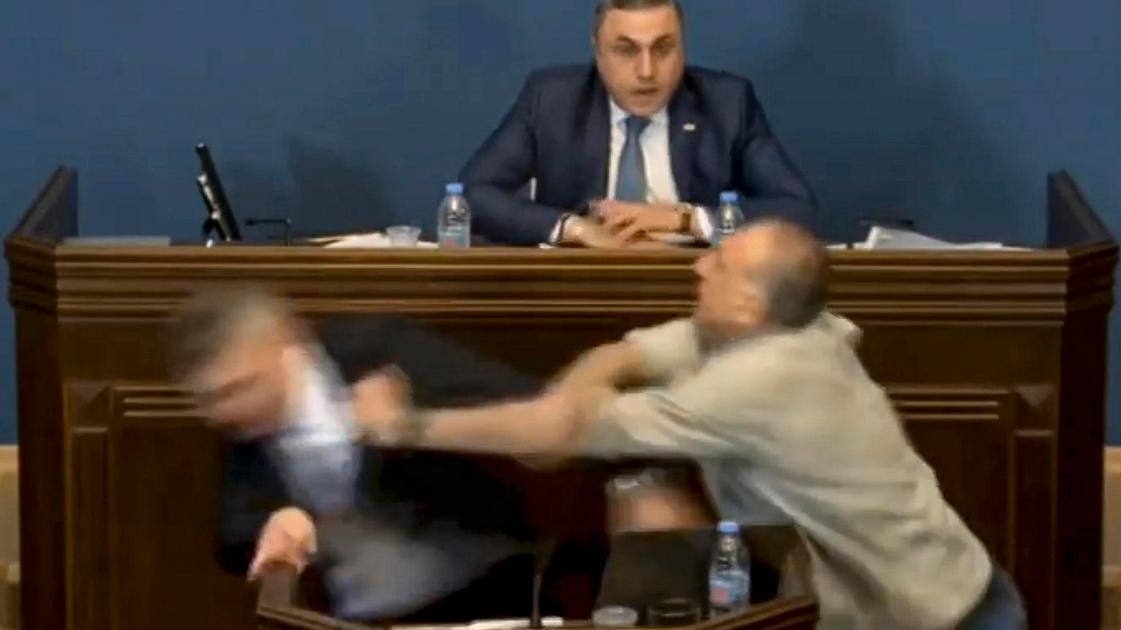 Georgia, il capo dell’opposizione stende con un pugno il leader della maggioranza in Parlamento: “No alla legge russa”
