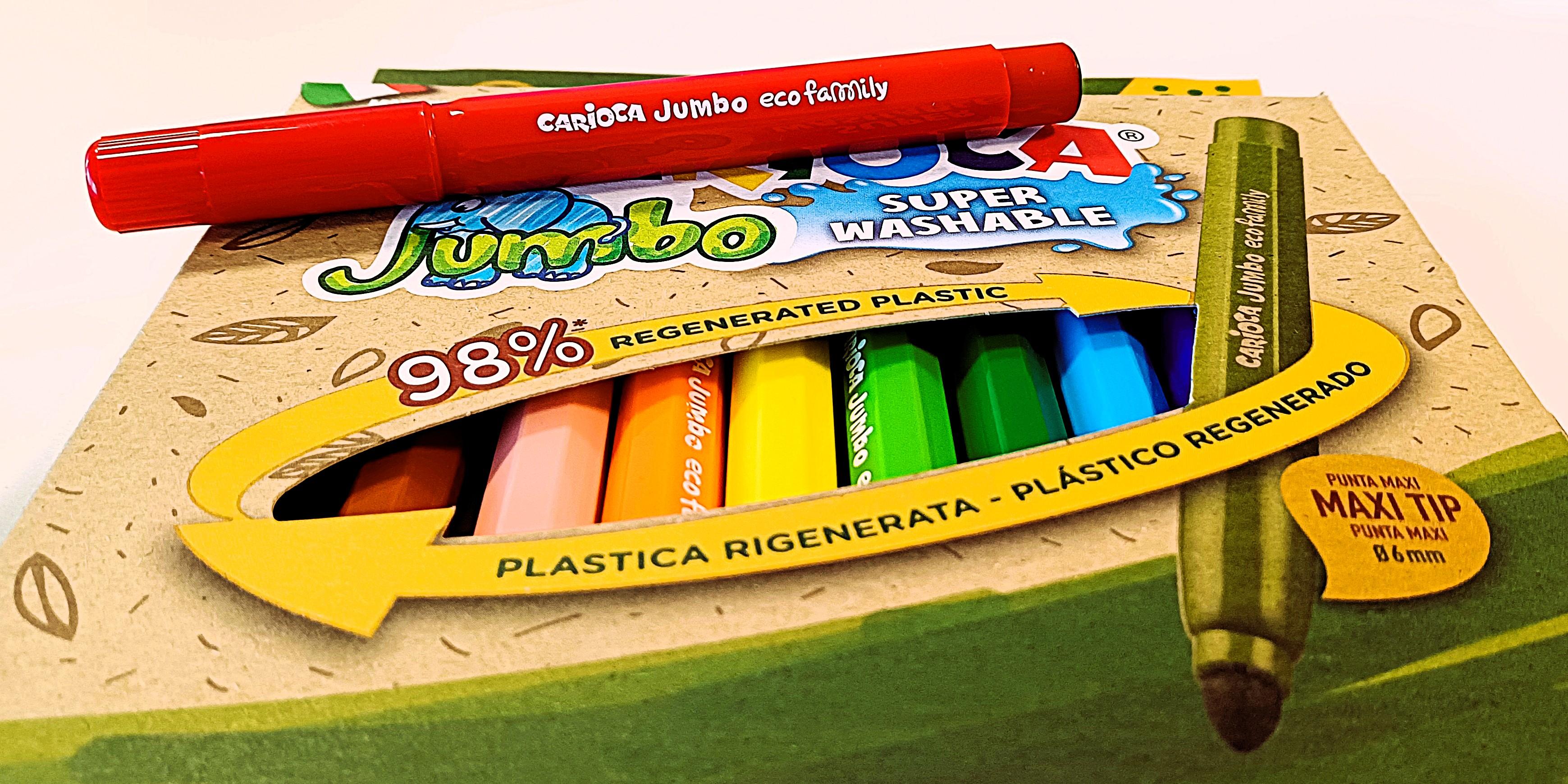 I nuovi pennarelli Carioca, con plastica riciclata al 98% (ma anche la confezione è fatta con carta riciclata)