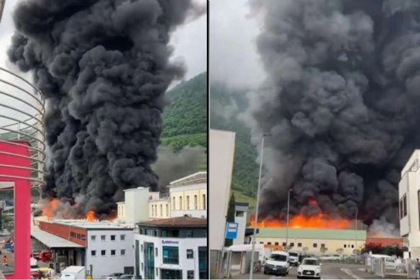 Il maxi incendio scoppiato a Bolzano nei fermi immagine del video dei vigili del fuoco