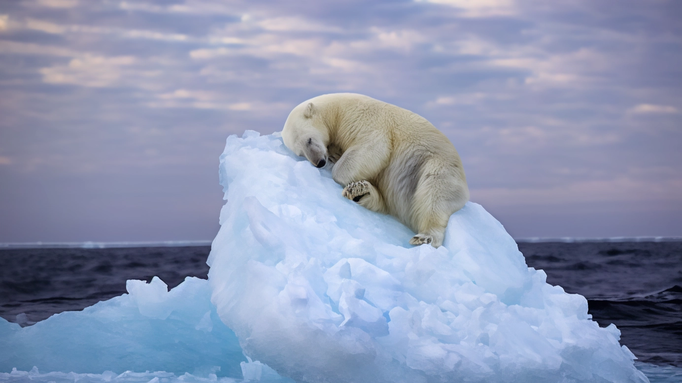 Un orso polare e i ghiacciai che iniziano a sciogliersi