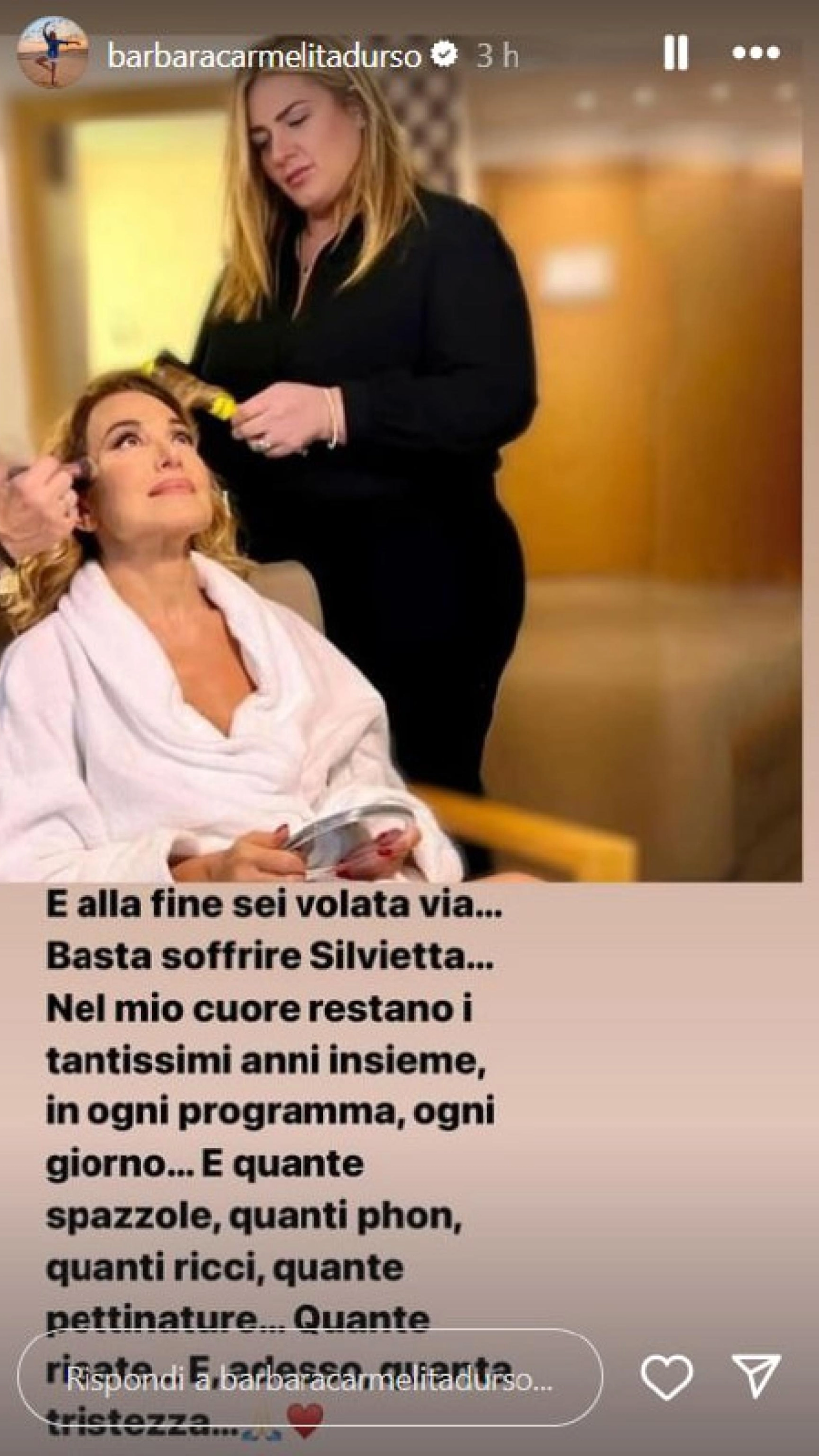 Il messaggio di Barbara D'Urso in ricordo della hair stylist Silvia Pizzi (Instagram Barbara D'Urso)