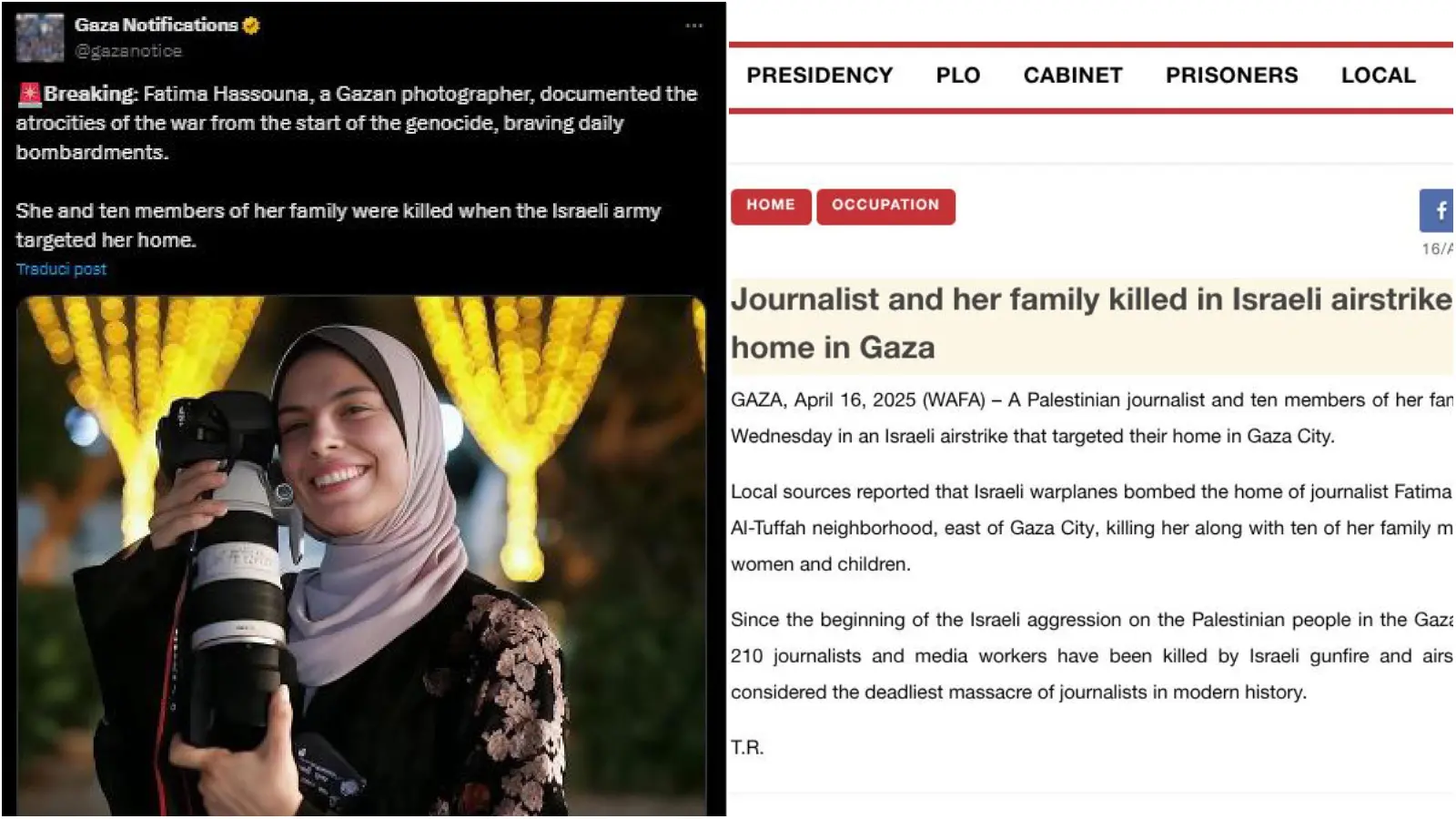 Wafa: la giornalista Fatima Hassouneh e la sua famiglia uccisi a Gaza. “Israele ha bombardato la sua casa”