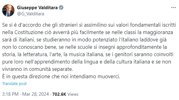 Il post del ministro dell'Istruzione Giuseppe Valditara (X/Twitter)