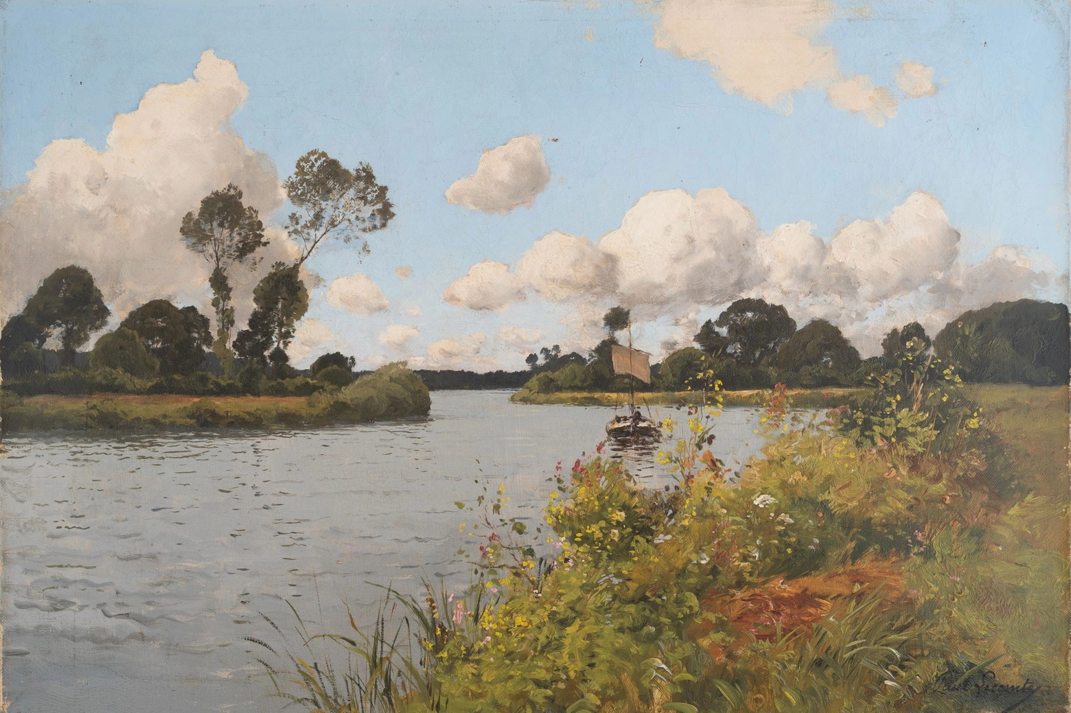 Paul Lecomte, Bateau sur la riviere, Olio su tela 55 x 48 cm -  Collezione privata