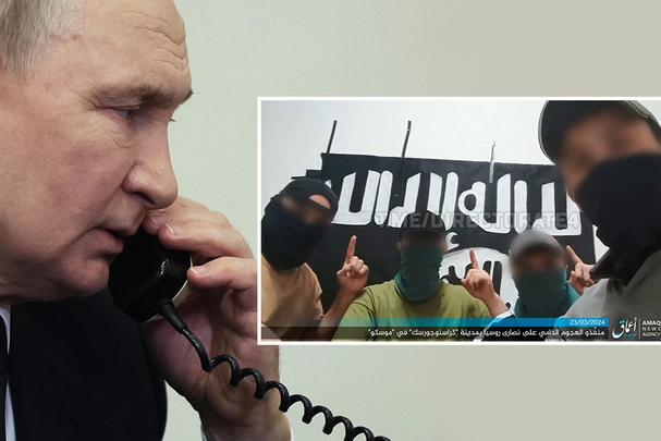 Vladimir Putin e, nel riquadro, il frame dei quattro presunti autori dell'attacco diffuso sui canali social legati all'Isis