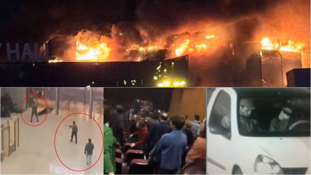 In alto la sala concerti Crocus City Hall a Mosca in fiamme; sotto da sinistra gli attentatori; l'attacco in sala; gli assalitori in fuga