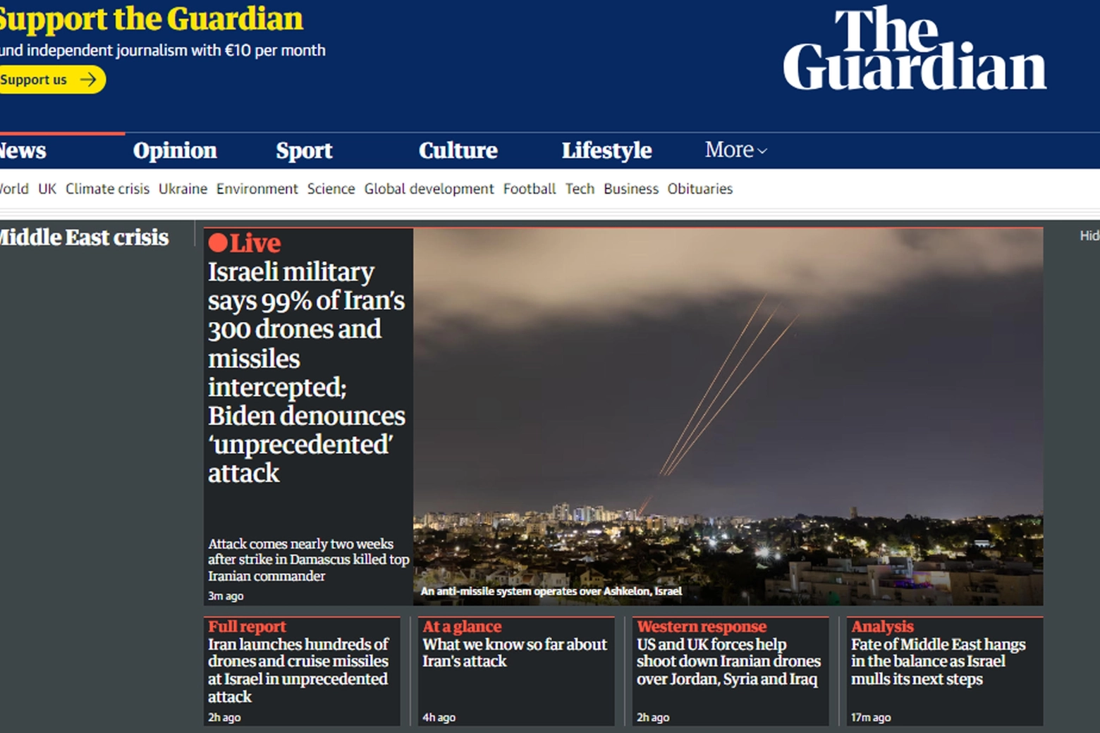 Il sito del Guardian. "L'esercito israeliano dice di aver intercettato il 99% dei droni e missili". Biden denuncia: "Attacco senza precedenti"