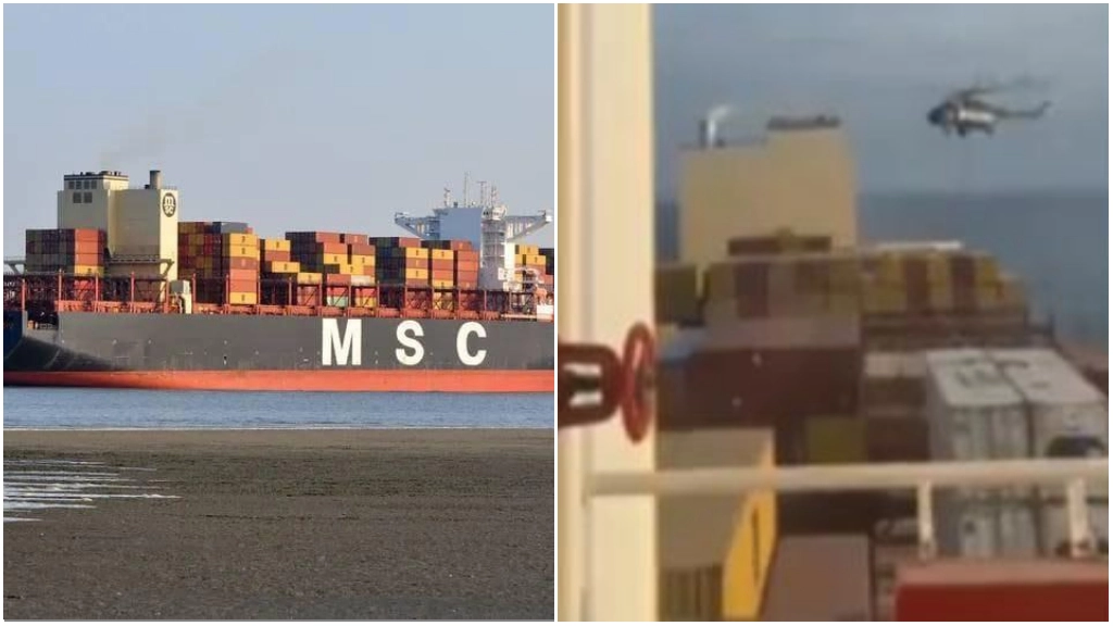 A sinistra una nave Msc; a destra il momento dell'assalto alla portacontainer Msc Aries