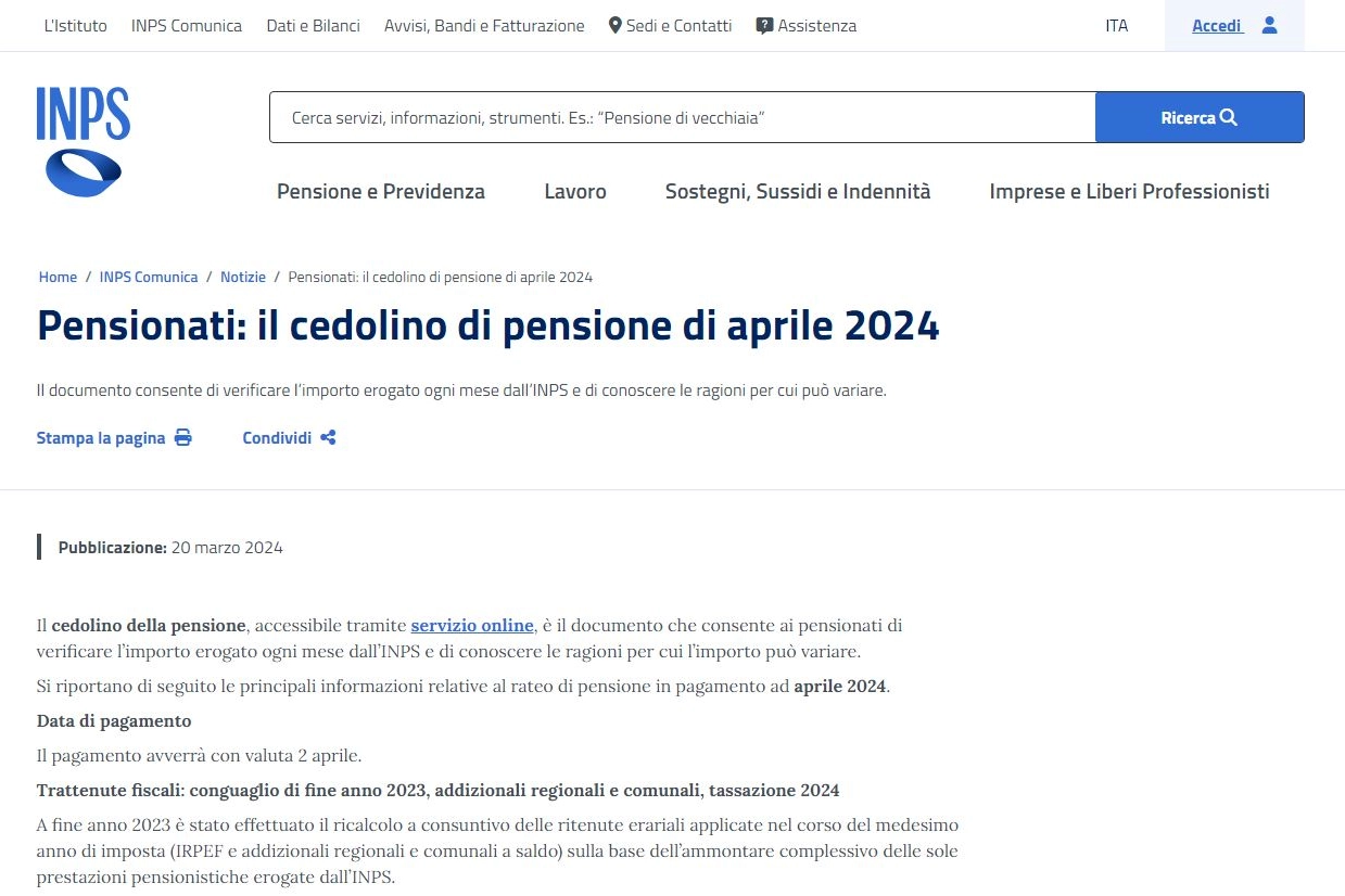 Il cedolino della pensione di aprile 2024 è online sul sito Inps