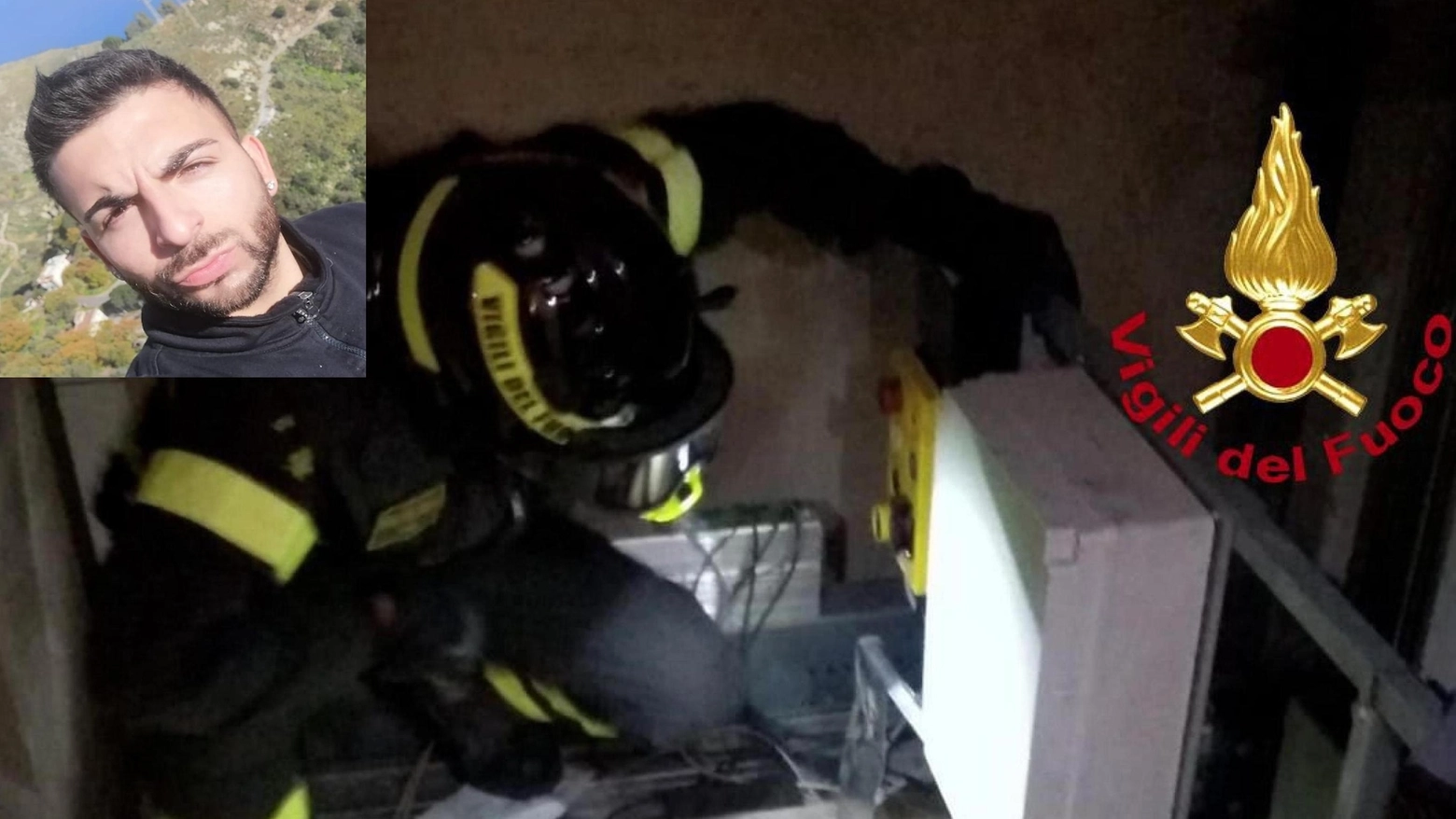 Un vigile del fuoco nel vano di un ascensore. Nel riquadro la vittima Antonio Pistone