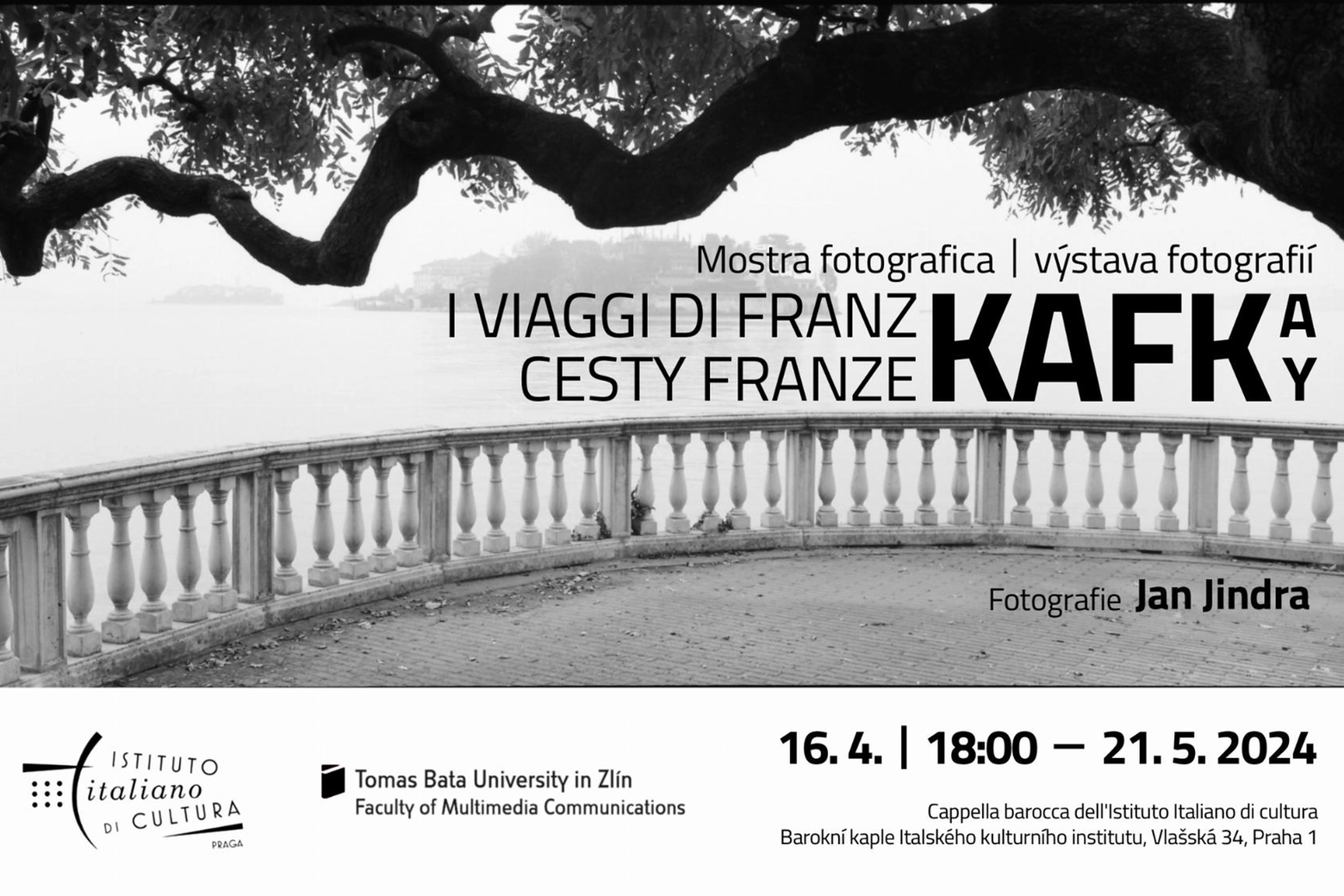 La locandina della mostra in corso a Praga e dedicata ai viaggi di Franz Kafka, tra cui i 4 che fece in Italia