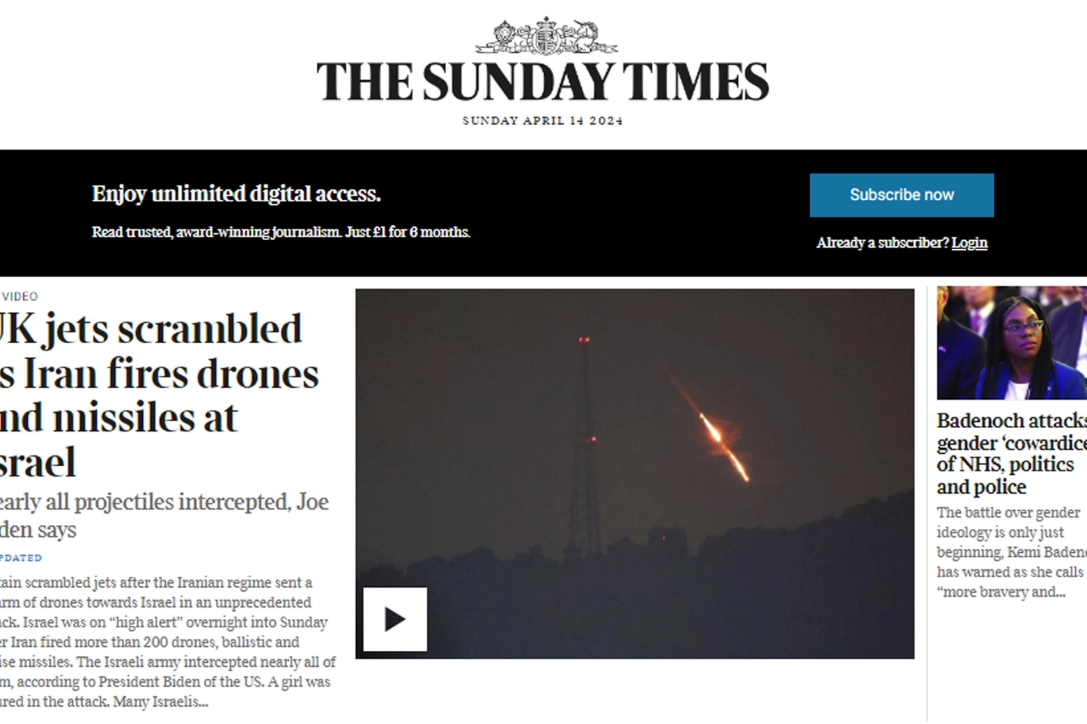 Sunday Times: "Jet britannici decollano mentre l'Iran spara missili e droni contro Israele"