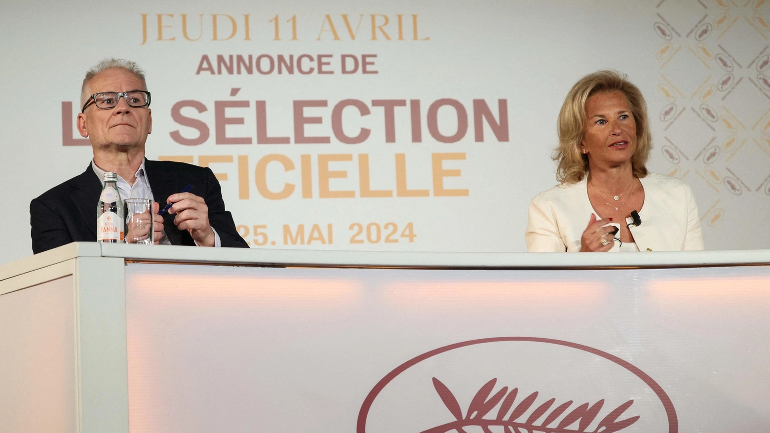 Thierry Fremaux e Iris Knobloch in conferenza stampa presentano i film di Cannes 2024 (Ansa)