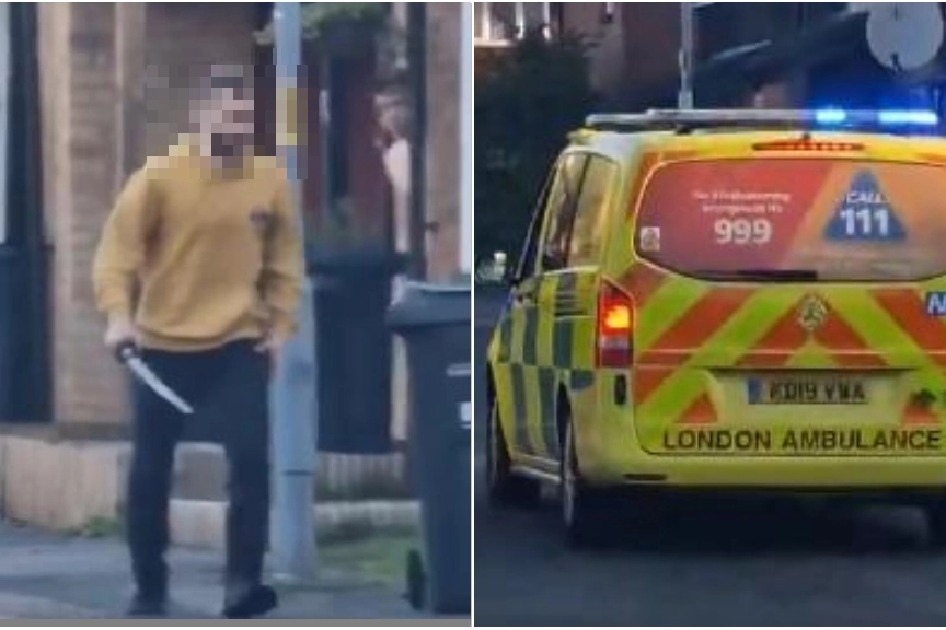 A sinistra uomo armato di katana a Londra; a destra i soccorsi nel quartiere di Hainault (X)