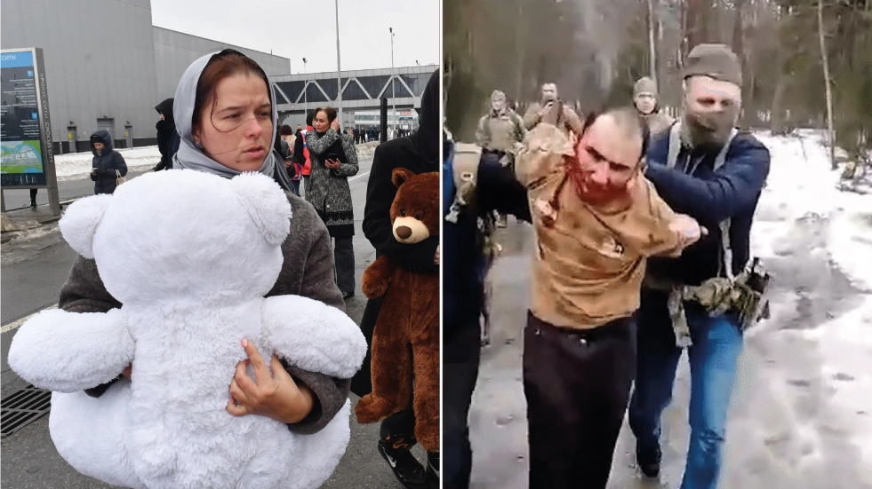 Strage a Mosca: mamme davanti al Crocus e un frame di un video rilanciato dai canali Telegram vicini ai servizi di sicurezza russi