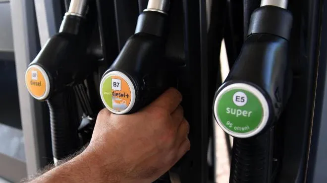 Le nuove etichette dei carburanti volute dalla Ue su alcuni erogatori di carburante di un distributore di benzina, Milano, 12 ottobre 2018. ANSA/DANIEL DAL ZENNARO