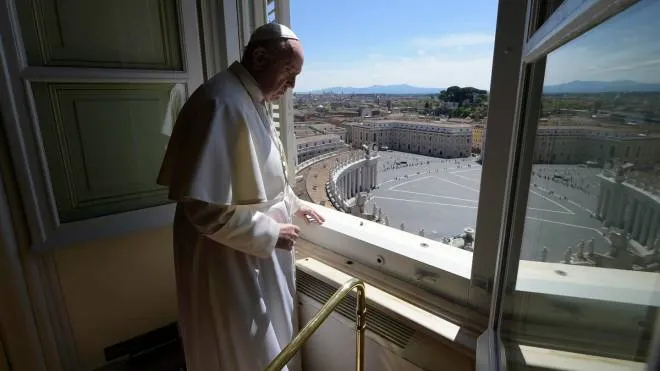 epa08384966 A handout picture provided by the Vatican Media shows Pope Francis at the window after the Recitation of the Regina Coeli prayer at the Library of the Apostolic Palace, Vatican, 26 April 2020. At the Regina Coeli, Pope Francis reflects on the story of the disciples who meet Jesus on the road to Emmaus.  EPA/VATICAN MEDIA HANDOUT  HANDOUT EDITORIAL USE ONLY/NO SALES