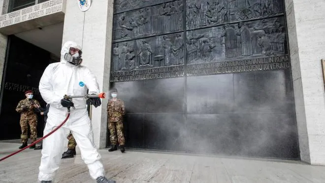 Soldiers wearing protective suits sanitize the Basilica Don Boscoduring the COVID-19 coronavirus pandemic, in Rome, Italy, 13 MAy 2020. ANSA/GIUSEPPE LAMI