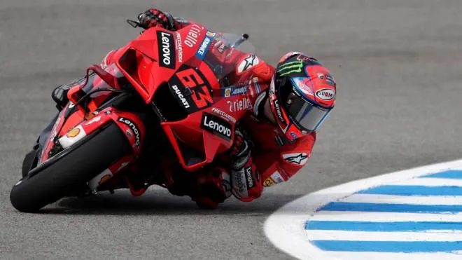 epa09169901 Italian MotoGP rider Francesco Bagnaia of Ducati Lenovo Team takes a bend during the first free practice session for the Motorcycling Grand Prix of Spain held at Jerez racetrack, southern Spain, 30 April 2021. The races will take place on 02 May 2021.  EPA/Julio Munoz