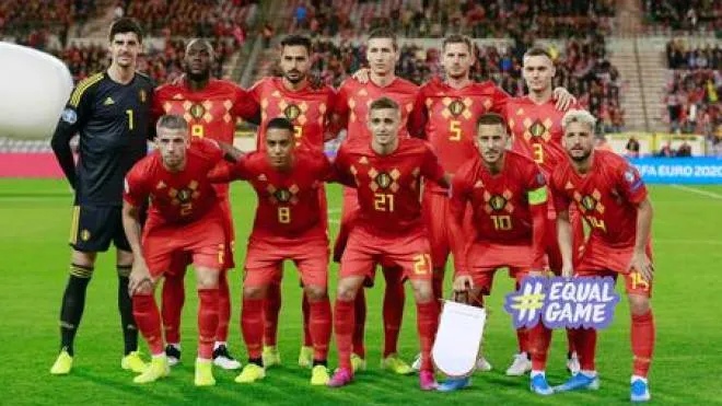 epa07911273 Belgium's starting eleven poses before the UEFA EURO 2020 Group I qualifying soccer match between Belgium and San Marino at the King Baudouin stadium in Brussels, Belgium, 10 October 2019.  EPA/STEPHANIE LECOCQ