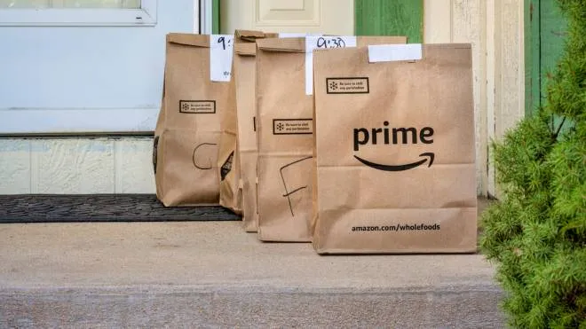 Fort Collins, CO, USA - March 31, 2020: Brown bags with groceries and fresh produce delivered to house from Whole Food Market and order through Amazon Prime. Online shopping during coronavirus pandemic concept.