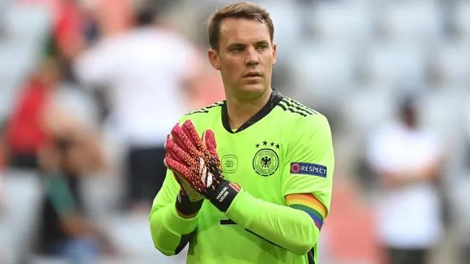 Germany's goalkeeper Manuel Neuer reacts during the UEFA EURO 2020 group F preliminary round soccer match between Portugal and Germany in Munich, Germany, 19 June 2021.  ANSA/Philipp Guelland / POOL (RESTRICTIONS: For editorial news reporting purposes only. Images must appear as still images and must not emulate match action video footage. Photographs published in online publications shall have an interval of at least 20 seconds between the posting.)