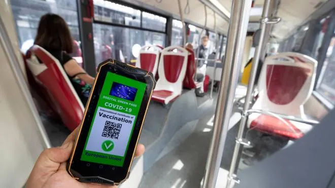 Una ricostruzione grafica del Green Pass, il certificato digitale Covid dell'UE,  in un autobus, Roma, 16 luglio 2021.
ANSA/ MASSIMO PERCOSSI