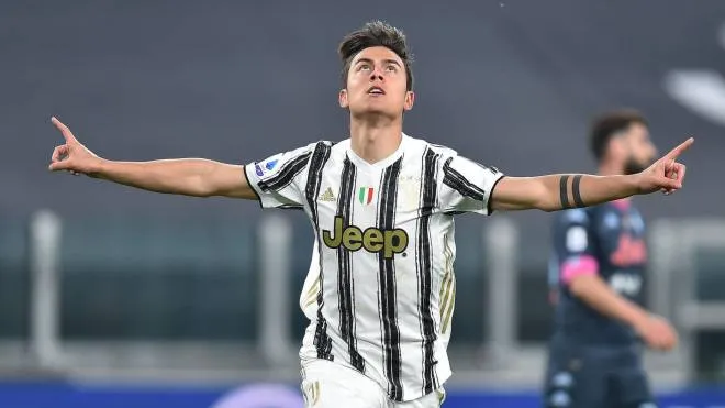 Juventus�? Paulo Dybala jubilates after scoring the goal (2-0) during the italian Serie A soccer match Juventus FC vs SSC Napoli at the Allianz Stadium in Turin, Italy, 7 April 2021 ANSA/ALESSANDRO DI MARCO