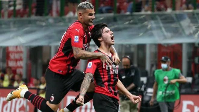 AC Milan�s Sandro Tonali (R) jubilates with his teammate Theo Hernandez during the Italian serie A soccer match between AC Milan and Cagliari at Giuseppe Meazza stadium in Milan, 29 August 2021.
ANSA / MATTEO BAZZI