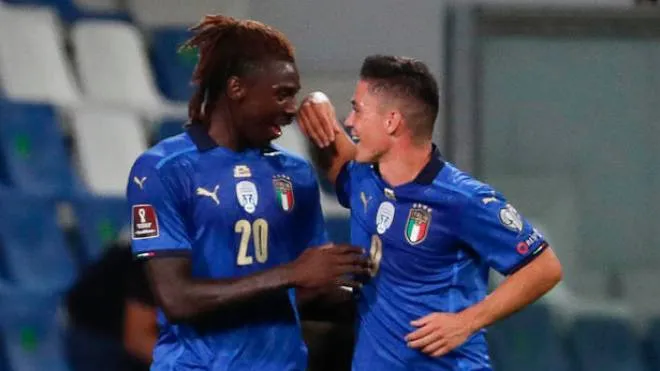 Italy's Moise Kean jubilates with his teammates after scoring his second goal during the FIFA World Cup Qatar 2022 qualifiers Group C soccer match Italy vs  Lituania at Mapei Stadium in Reggio Emilia, Italy, 08 September 2021. ANSA / ELISABETTA BARACCHI