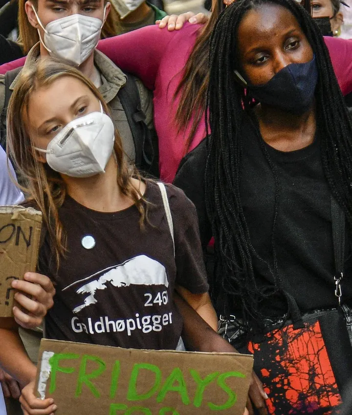 Alcuni manifesti, a Milano, con il mondo che soffre. A sinistra, le attiviste Greta Thunberg, svedese di 18 anni, e Vanessa Nakate, ugandese di 24 anni