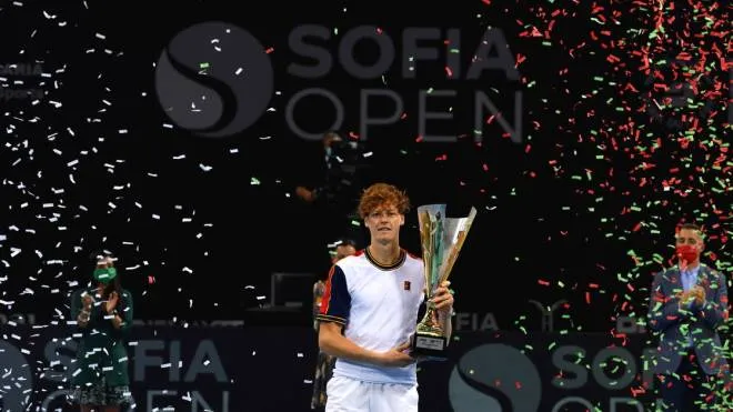 epa09503740 Jannik Sinner of Italy poses with his trophy after winning the final match against Gael Monfils of France at the Sofia Open ATP 250 tennis tournament in Sofia, Bulgaria, 03 October 2021.  EPA/VASSIL DONEV