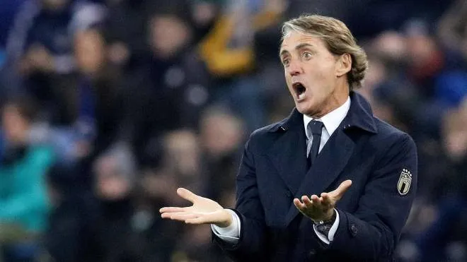 Italy's head coach Roberto Mancini reacts during the FIFA World Cup 2022 round one Group C qualification football match between Northern Ireland and Italy at Windsor Park in Belfast, Northern Ireland on November 15, 2021. (Photo by Paul Faith / AFP)