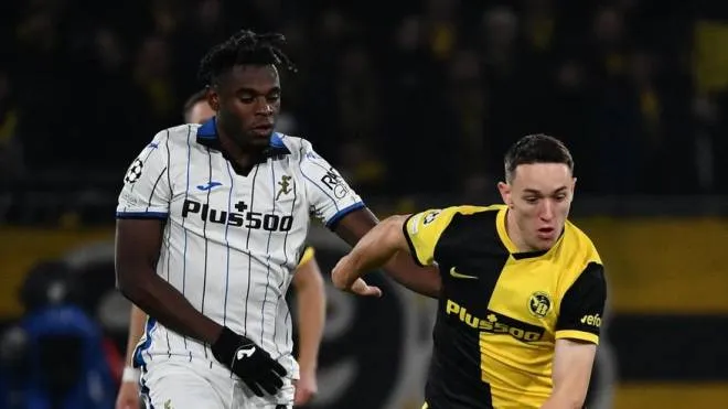 Young Boys' Swiss defender Silvan Hefti (R) is challenged by Atalanta's Colombian forward Luis Muriel during the UEFA Champions League group F football match between BSC Young Boys and Atalanta BC at Stadion Wankdorf in Bern on November 23, 2021. (Photo by Fabrice COFFRINI / AFP)