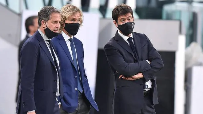Juventus?Fabio Paratici, Pavel Nedved and Andrea Agnelli during the semifinal italian cup soccer match Juventus FC vs AC Milan at the Allianz Stadium in Turin, Italy, 12 June 2020 ANSA/ ALESSANDRO DI MARCO
