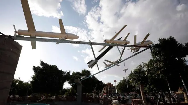 epa09691291 Fake drones are set up by the Houthis in a fountain at a square in Sana�a, Yemen, 17 January 2022. The Houthis have claimed responsibility for drone attacks that targeted the UAE capital Abu Dhabi on 17 January 2022, killing at least three people and wounding six others, two weeks after the Houthis seized a UAE-flagged ship in the Red Sea, claiming it was carrying military supplies. Saudi Arabia has witnessed hundreds of missile and drone strikes by the Houthis since the Saudi and UAE-led coalition intervened in Yemen�s ongoing war in 2015.  EPA/YAHYA ARHAB
