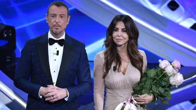 Sanremo Festival host and artistic director, Amadeus (L) and Italian actress Sabrina Ferilli (R) on stage at the Ariston theatre during the 72nd Sanremo Italian Song Festival, in Sanremo, Italy, 05 February 2022. The music festival runs from 01 to 05 February 2022.   ANSA/ETTORE FERRARI