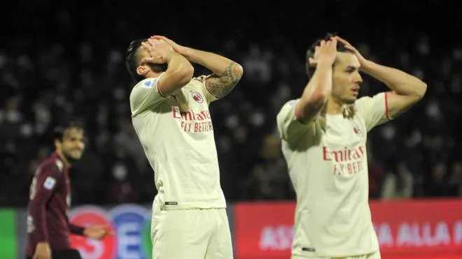Milan�s Olivier Giroud (L) and Brahim Diaz show their dejection at the end of the Italian Serie A soccer match US Salernitana vs AC Milan at the Arechi stadium in Salerno, Italy, 19 February 2022.
ANSA/MASSIMO PICA